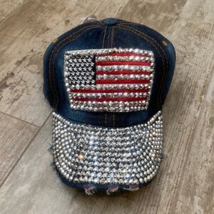 USA Flag Denim Cap - Full Brim Rhinestone
